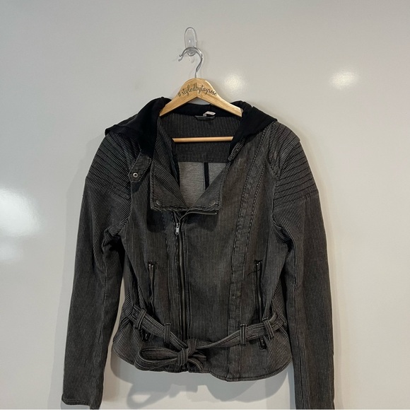 Free People Railroad Stripe Knit Hooded Moto Jacket - Picture 2 of 8